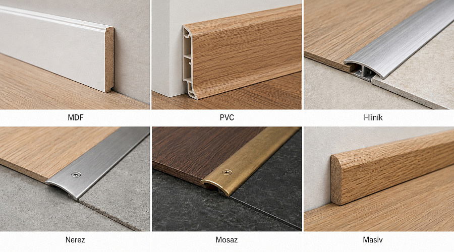 Jaký materiál lišty vybrat: MDF, PVC, hliník, nerez, mosaz nebo masiv
