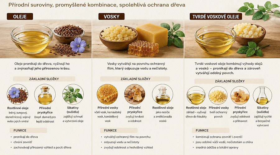 Z čeho se skládají oleje, vosky a tvrdé voskové oleje na dřevo
