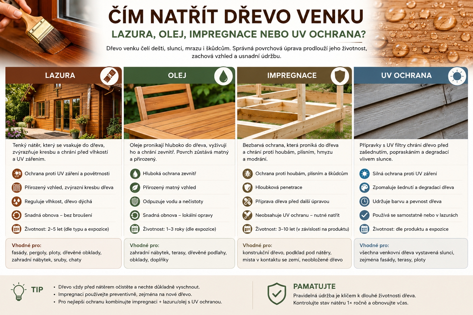 Čím natřít dřevo venku – lazura, olej, impregnace nebo UV ochrana