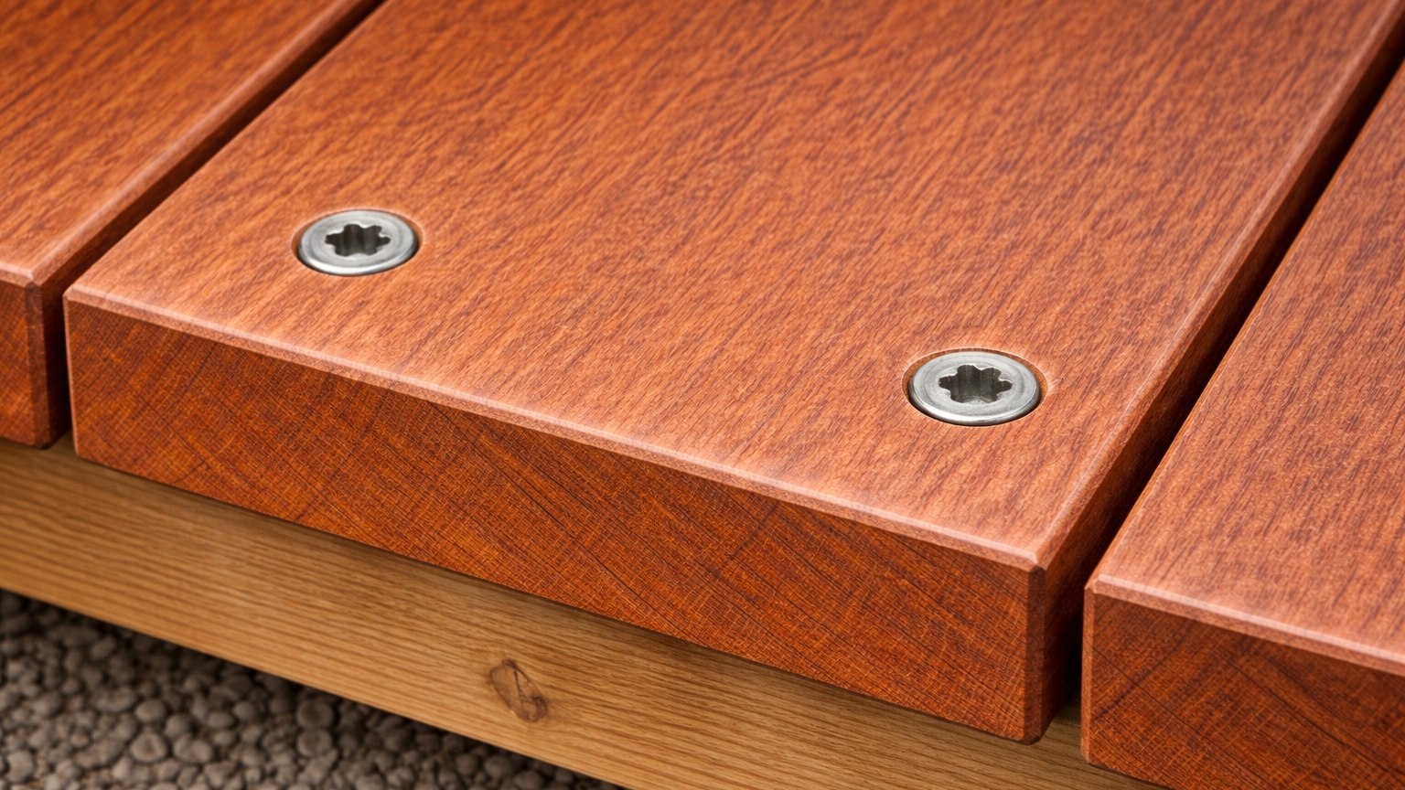 Každé prkno se kotví dvěma vruty na každý nosník – symetricky od kraje.