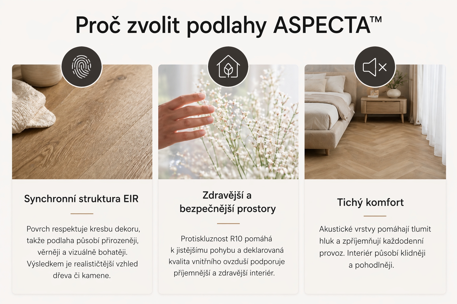 Infografika s hlavními výhodami podlah ASPECTA – EIR, bezpečnější interiér a tichý komfort