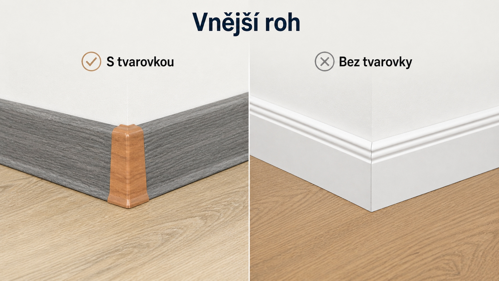 Vnější roh soklové lišty – s tvarovkou a bez tvarovky