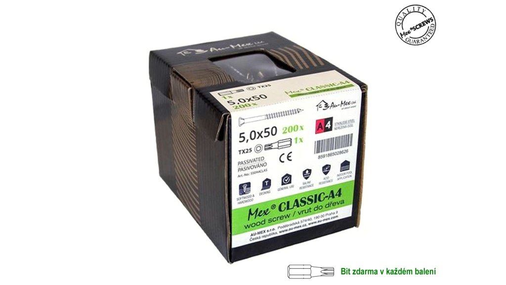 Nerezový vrut Mex Classic A4, 5x70 mm, 200 ks + bit