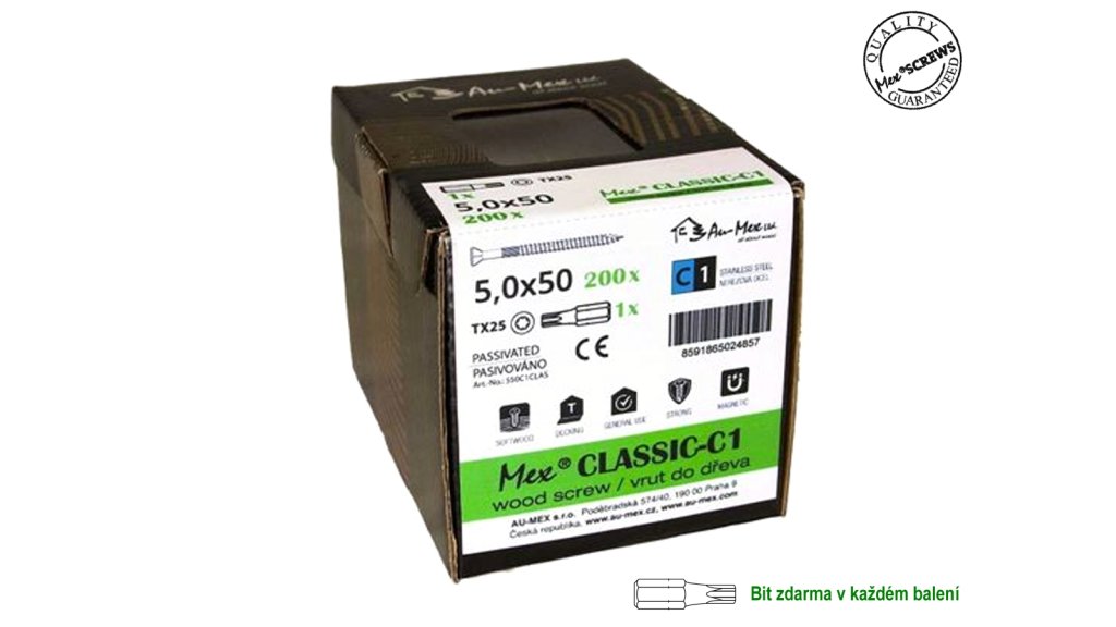 Nerezový vrut Mex Classic C1, 4x40 mm, 200 ks + bit