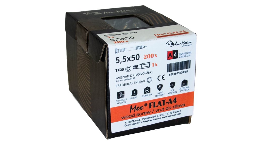 Nerezový vrut Mex Flat A4, 5,5x50 mm, 200 ks + bit