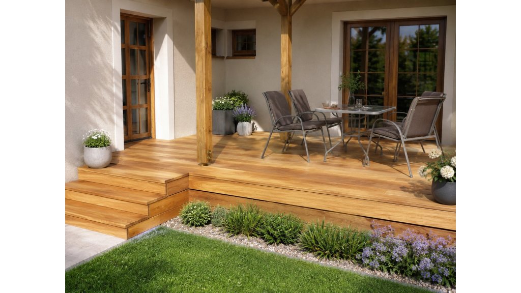 Terasové prkno Tatajuba 21 × 145 mm – hladké – zastřešená terasa u domu