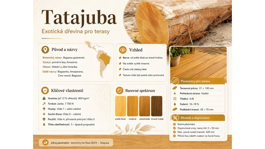 Infografika dřeviny Tatajuba – původ, parametry a vlastnosti
