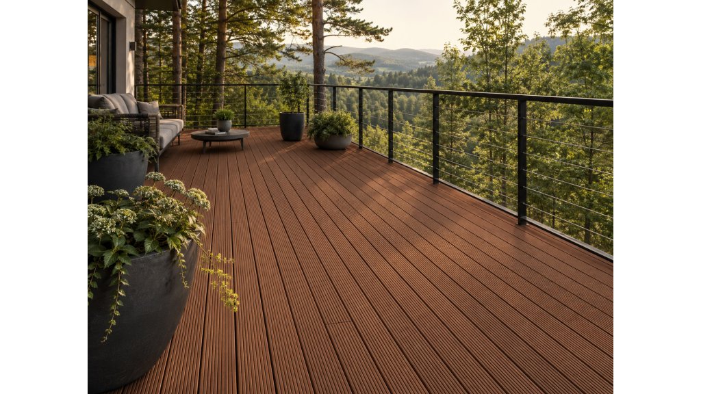 Exteriérová realizace terasy z prken Bukit PD 28 × 145 mm z exotické dřeviny Shorea
