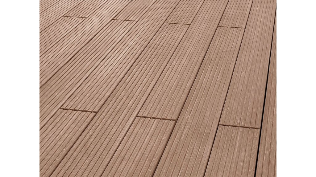 Detail terasy z prken Bukit PD 28 × 145 mm s hrubě drážkovanou pohledovou stranou