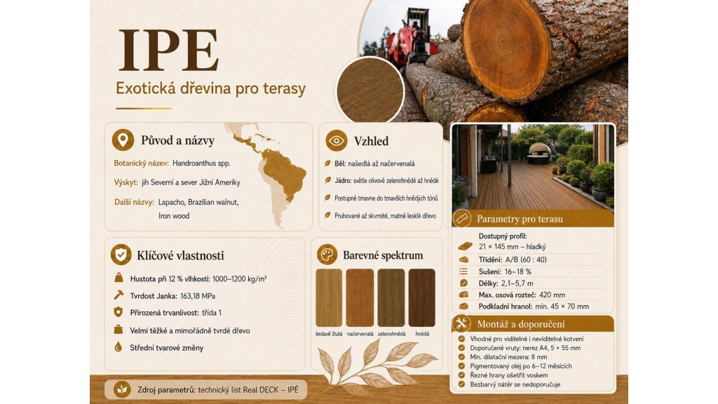 Infografika exotické dřeviny IPE (Handroanthus spp.) s přehledem původu, vzhledu, barevného spektra a klíčových vlastností dřeva