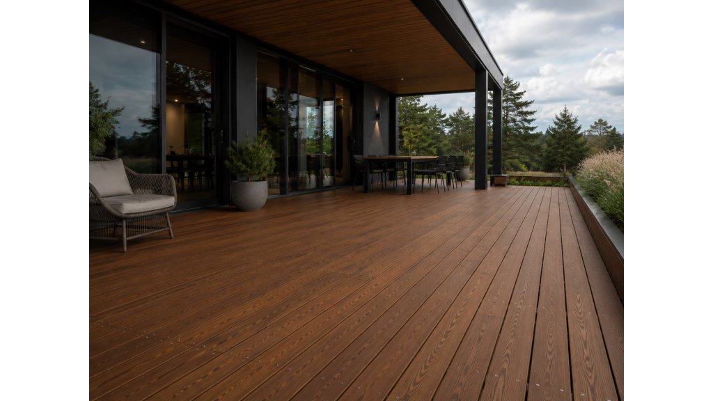 Krytá venkovní terasa z hladkých prken Jasan Thermowood 20 × 140 mm v provedení bez clip systému