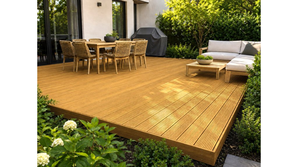 Exteriérová terasa z prken Garapa 25 × 145 mm s hrubě drážkovanou pohledovou stranou