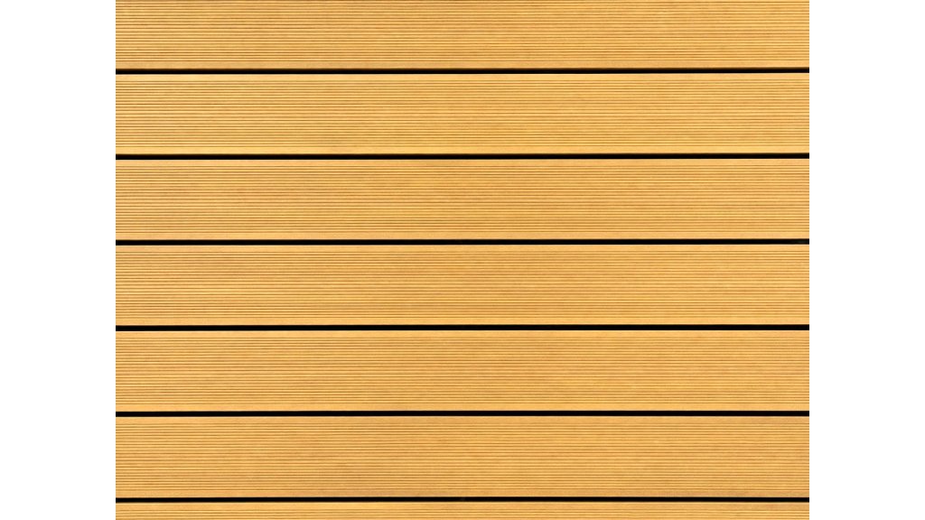 Pohled shora na plochu z terasových prken Garapa 25 × 145 mm s jemně drážkovanou pohledovou stranou