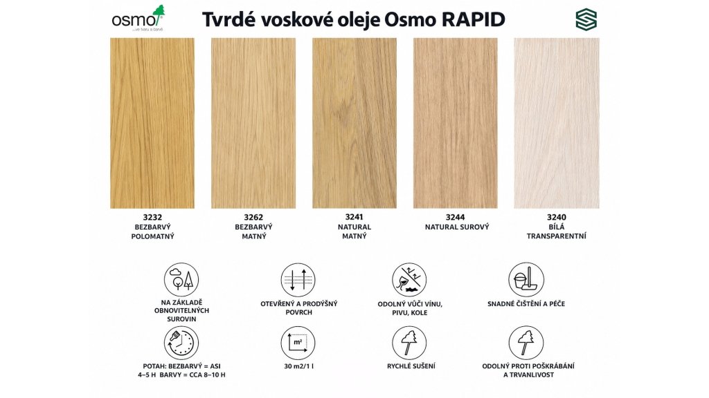 Tvrdé voskové oleje Osmo RAPID – přehled odstínů