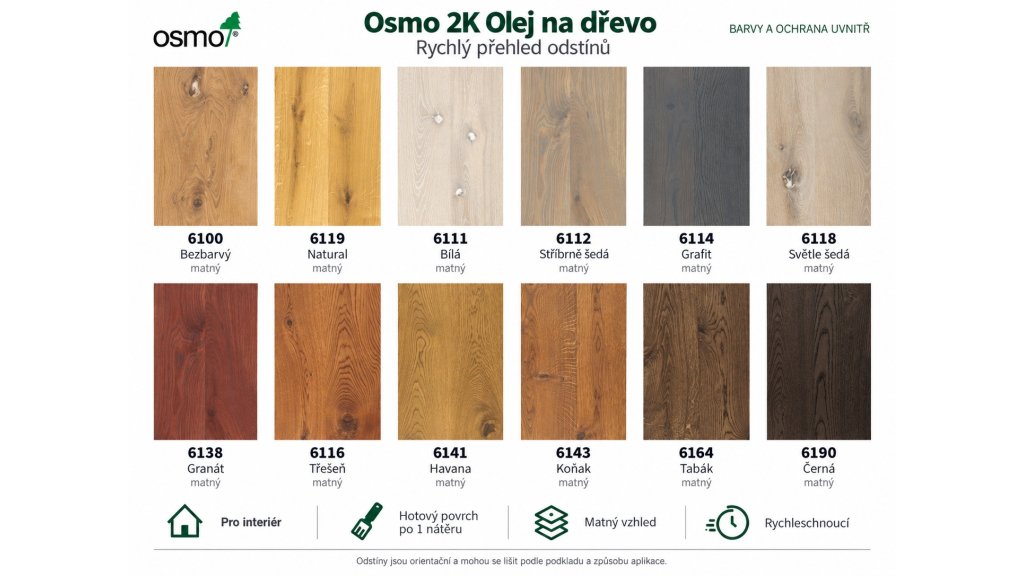 Osmo 2K Olej na dřevo – barevnice - přehled 12 odstínů