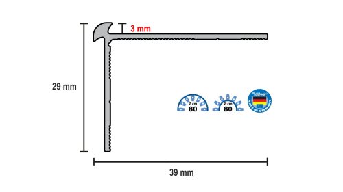Schodová lišta pro obložení schodů do 3 mm Küberit 871 EB – imitace nerezi F2 – 39 × 2500 mm