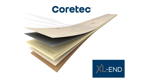Skladba COREtec XL-END - 0,80 mm nášlapná vrstva, vinyl, stabilizační vrstvy, jádro Sound Core, vyvažovací vrstva a 3 mm integrovaný korek