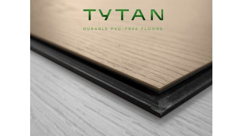 Detail řezu podlahy COREtec Tytan se zobrazením vrchní dekorové vrstvy a nosné konstrukce bez PVC