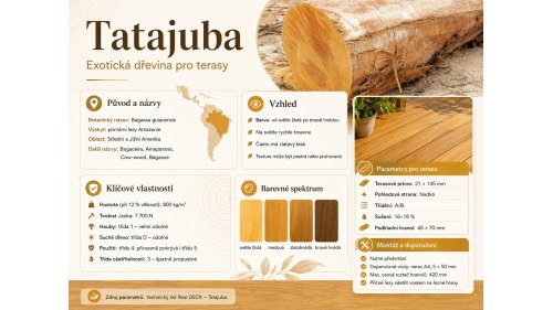 Infografika dřeviny Tatajuba – původ, parametry a vlastnosti