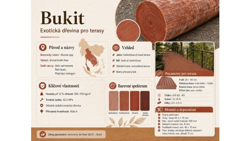 Infografika exotické dřeviny Bukit (Shorea spp.) s přehledem původu, vzhledu, barevného spektra a klíčových vlastností dřeva