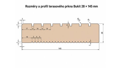 Technický výkres profilu terasového prkna Bukit 28 × 145 mm