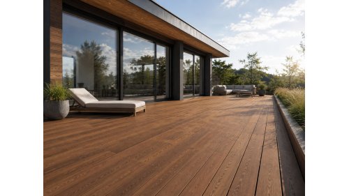 Terasa z prken Jasan Thermowood 20 × 140 mm hladké – moderní exteriér