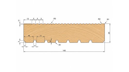 Technický profil terasového prkna Garapa 25 × 145 mm s jemně drážkovanou a hrubě drážkovanou stranou