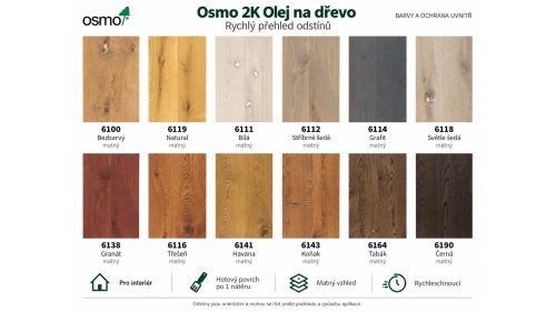 Osmo 2K Olej na dřevo – barevnice - přehled 12 odstínů