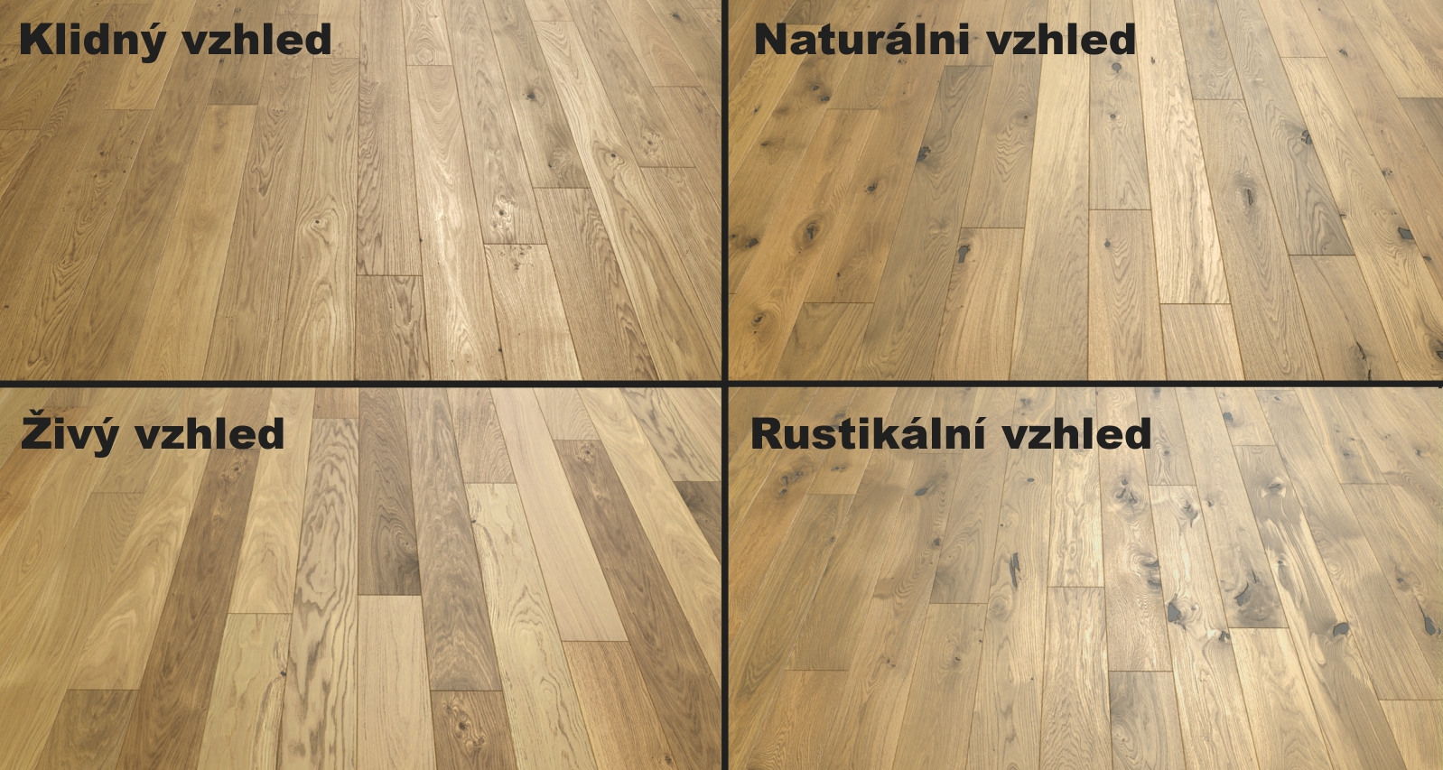 Srovnání klidného, naturálního, živého a rustikálního vzhledu vinylových podlah podle kresby, barevnosti, suků a kontrastů.