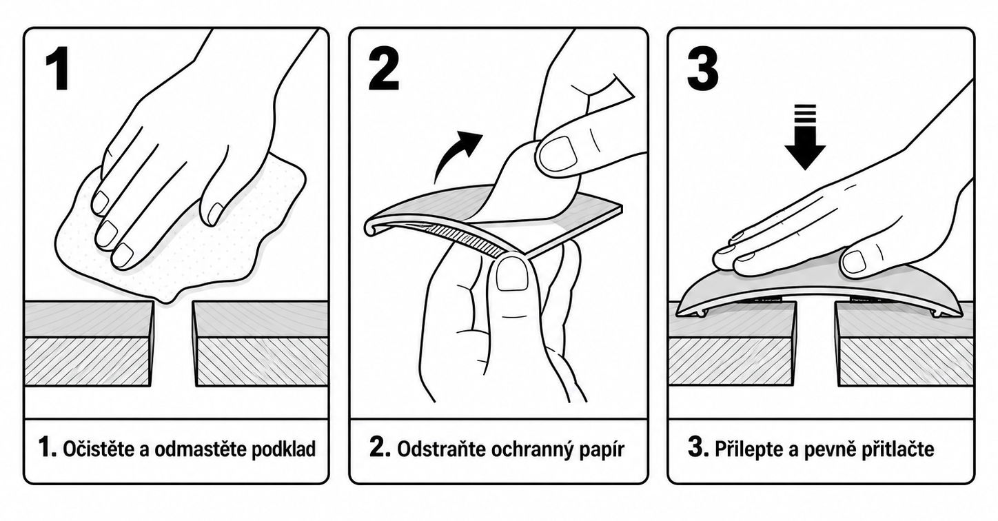 Infografika ve třech krocích ukazuje správné lepení samolepicí přechodové lišty