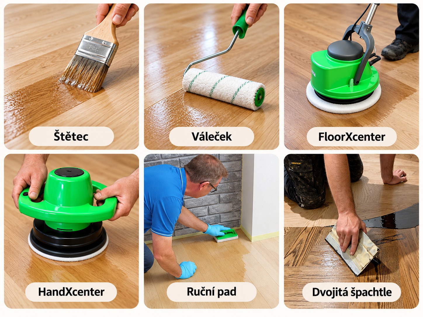 Šest způsobů aplikace Osmo Olejového mořidla – štětec, váleček, FloorXcenter, HandXcenter, ruční pad a dvojitá špachtle