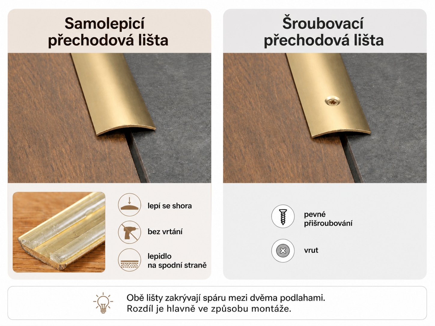 Srovnání samolepicí a šroubovací přechodové lišty mezi dvěma podlahami