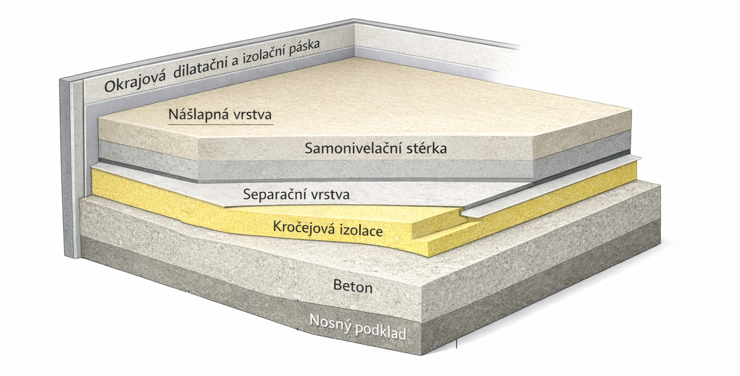 Schéma skladby podlahy – vrstvy od nosného podkladu přes beton, izolaci a separační vrstvu až po samonivelační stěrku a nášlapnou vrstvu.