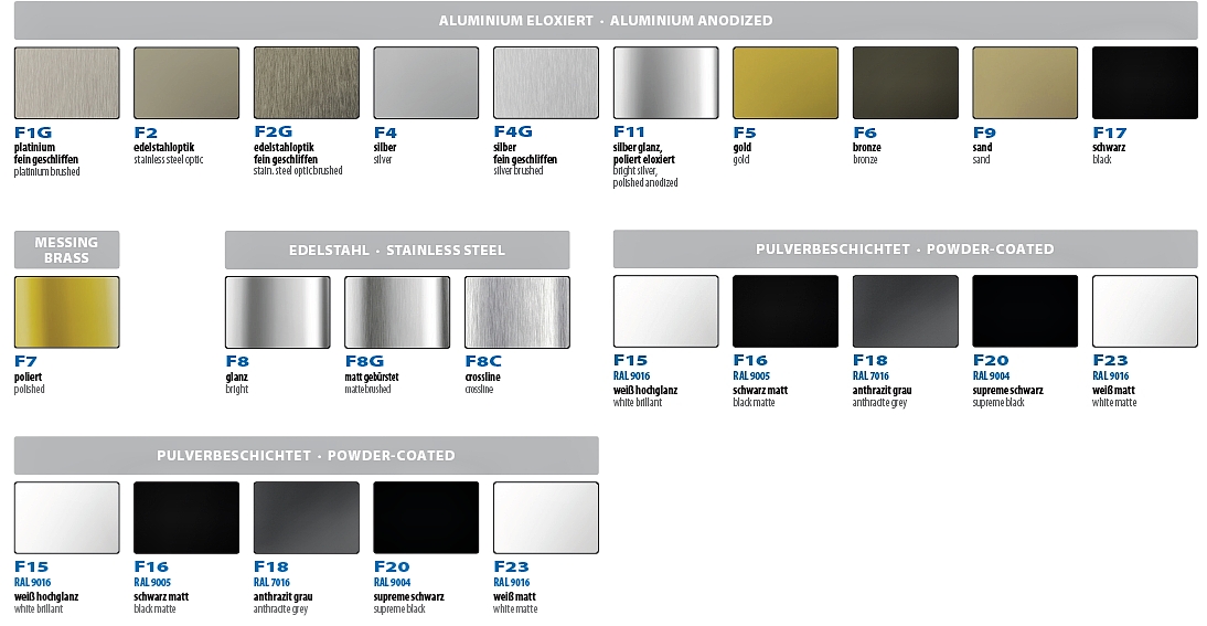 Küberit – vizuální přehled dekorů: F1G, F2, F2G, F4, F4G, F11, F5, F6, F9, F17 (elox) + F7 mosaz, F8/F8G/F8C nerez, F15/F16/F18/F20/F23 práškový lak